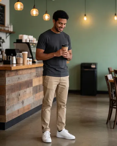 A smiling man in casual clothes sits at a wooden counter in a warm coffee shop, holding a cup of coffee with hanging lights and green walls in the background.