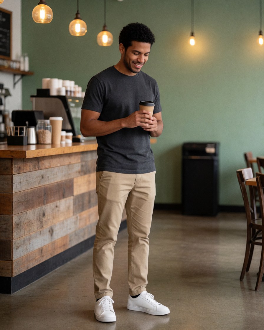 A smiling man in casual clothes sits at a wooden counter in a warm coffee shop, holding a cup of coffee with hanging lights and green walls in the background.