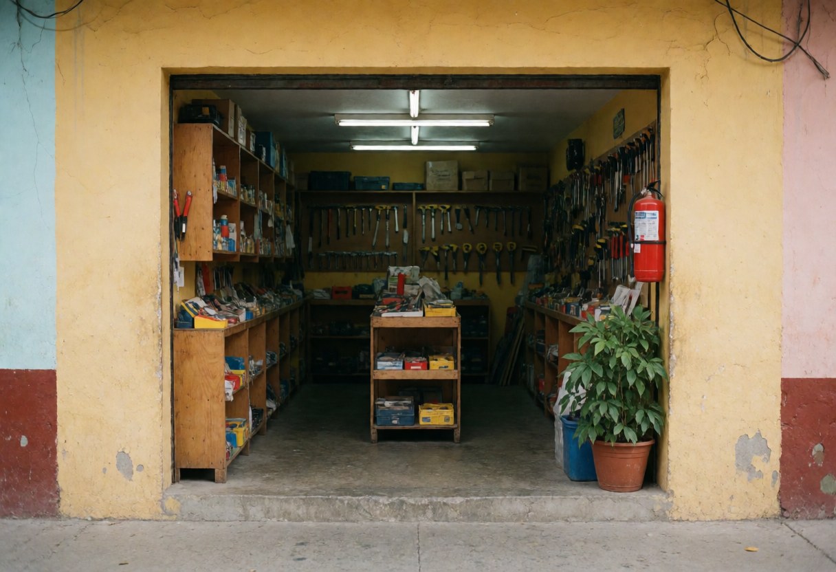 Entrance to a hardware store featuring yellow walls, wooden shelves, a red fire extinguisher, and a green plant. Displays hand and power tools for DIY and construction.