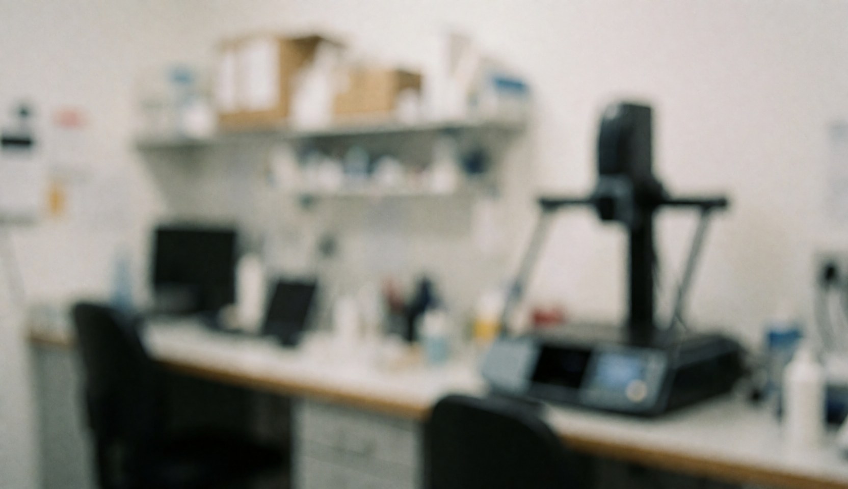 Soft focus background of an orthopedic lab featuring a desk, shelves, and medical equipment. Ideal for professional and clean text overlays.