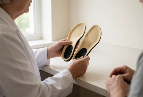 Close-up of custom orthotic insoles on a clinical table, highlighting precision and detail for podiatry services