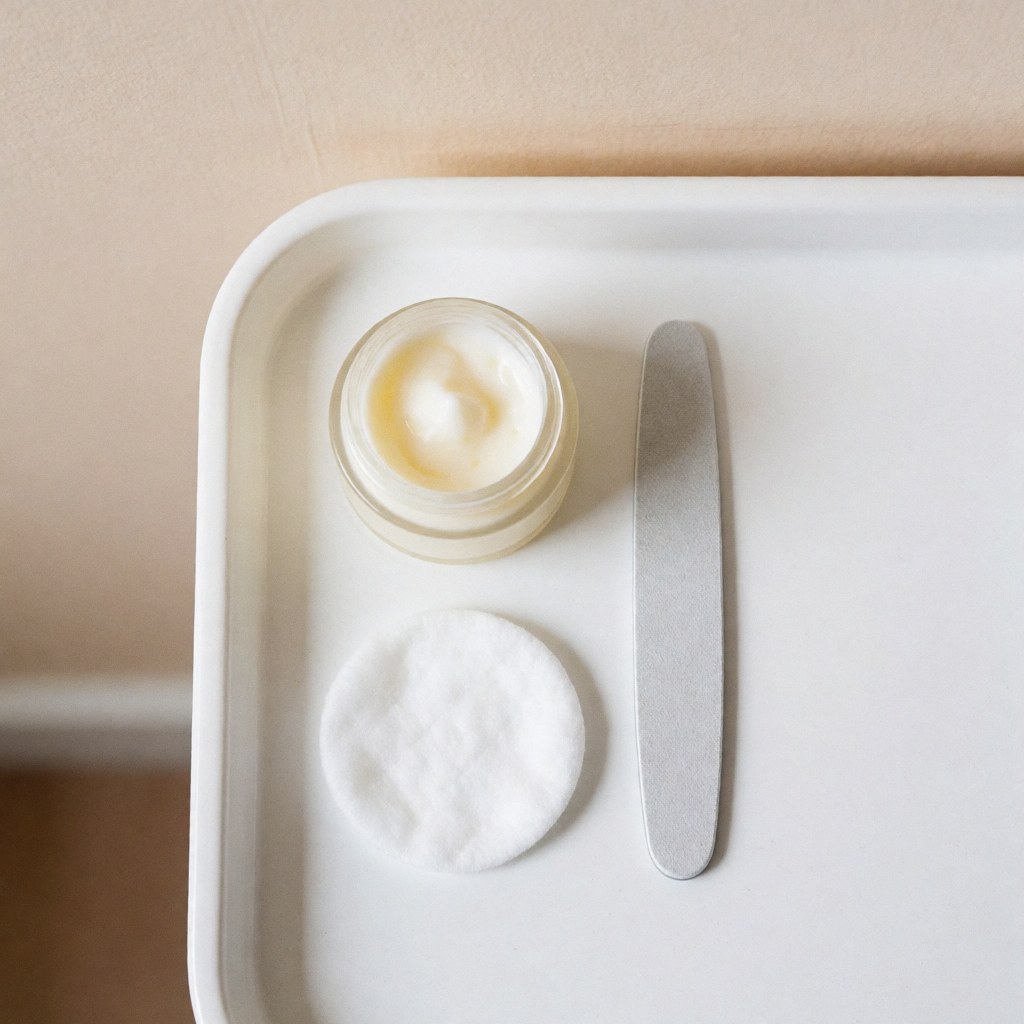 A white tray holding foot cream, a nail file, and a cotton cloth for professional pedicure and nail care treatment