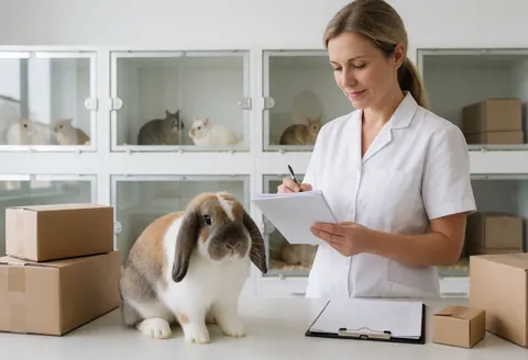 A veterinarian reviews medical notes while holding a lop-eared rabbit on an exam table in a modern clinic with cats in cages in the background