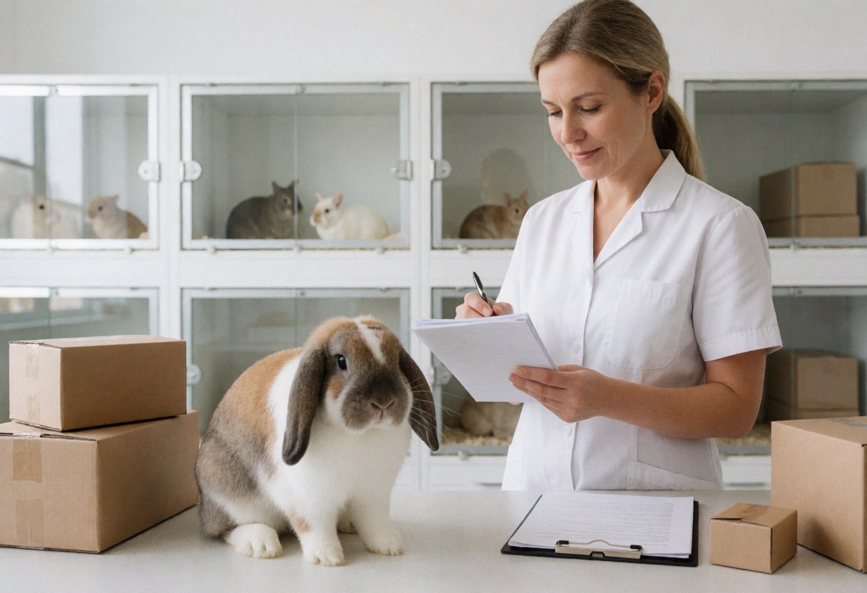 A veterinarian reviews medical notes while holding a lop-eared rabbit on an exam table in a modern clinic with cats in cages in the background