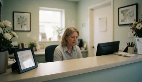 Bright veterinary clinic reception area featuring a receptionist working at a desk with a computer, surrounded by plants and wall art, with soft lighting and ample copy space.