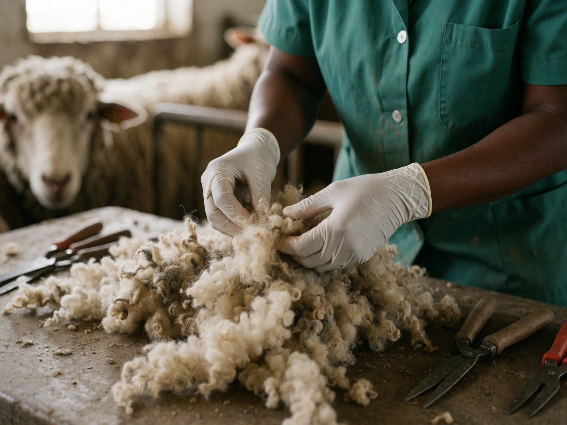 Close-up of hands wearing gloves using shears to trim sheep wool during a veterinary examination on a farm