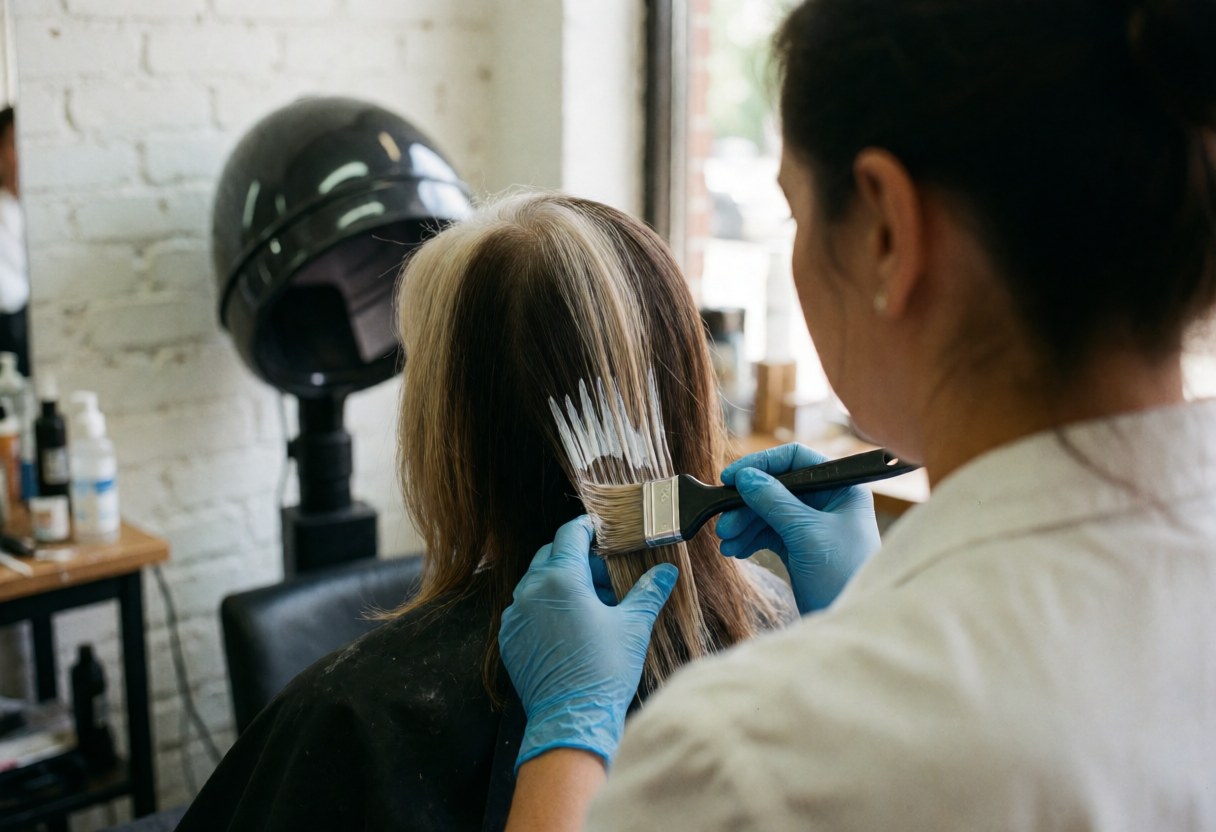 A hair stylist wearing blue gloves uses a brush to apply balayage dye to a client's hair in a salon with white brick walls and natural light
