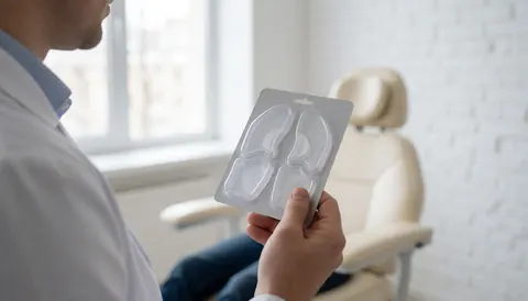 Podiatrist in a clinic holding a blister pack of clear metatarsal pads with a treatment chair and white brick wall in the background