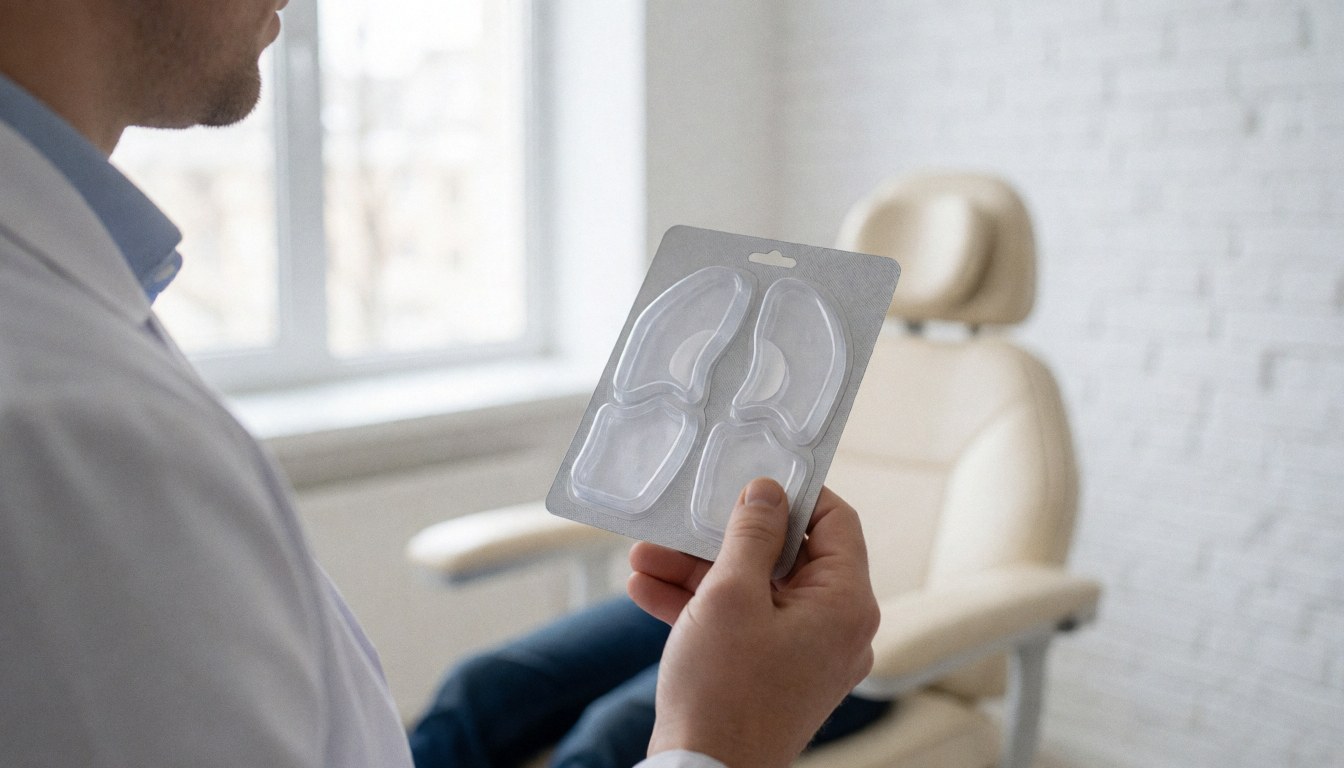 Podiatrist in a clinic holding a blister pack of clear metatarsal pads with a treatment chair and white brick wall in the background