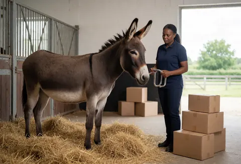 A female veterinarian checks a donkey in a clean rural stable with hay, wooden boxes, and natural light.
