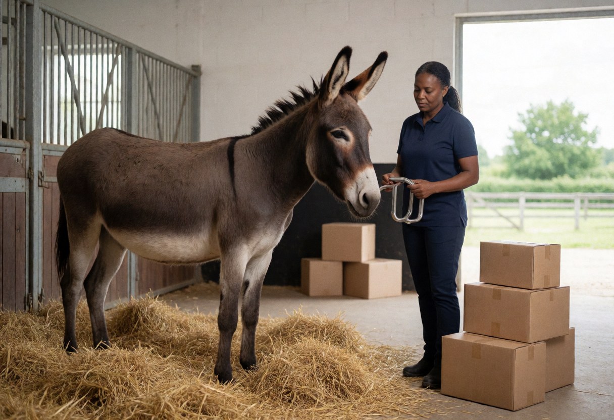 A female veterinarian checks a donkey in a clean rural stable with hay, wooden boxes, and natural light.