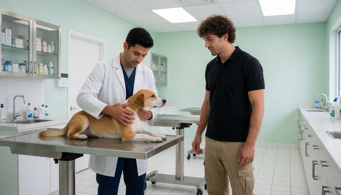 A veterinarian examines a dog on an exam table in a clean clinic with green walls while the owner watches attentively.