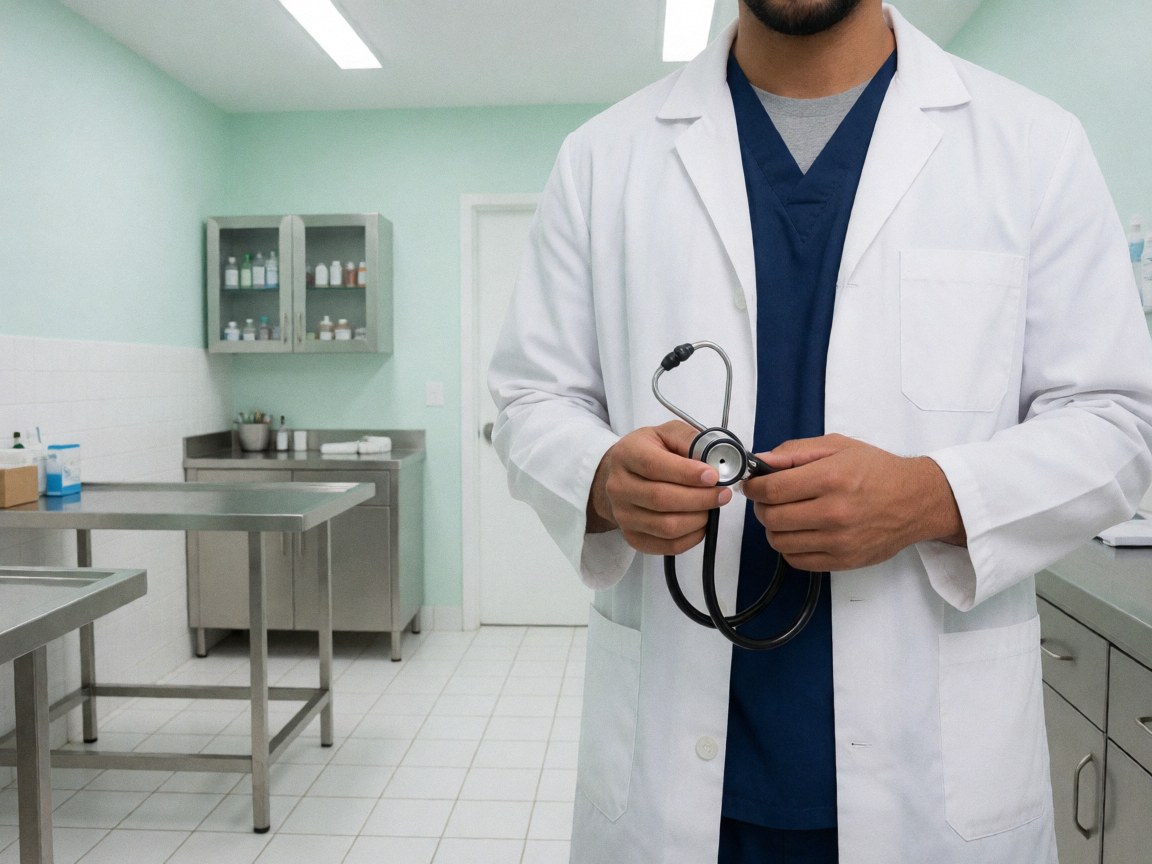 Veterinarian holding a stethoscope in a clean clinic with metal tables, green walls, and white floor.