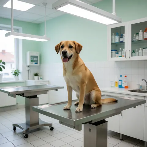 A healthy, well-groomed dog sits on a stainless steel exam table in a clean, modern veterinary clinic with green walls and white tile flooring.