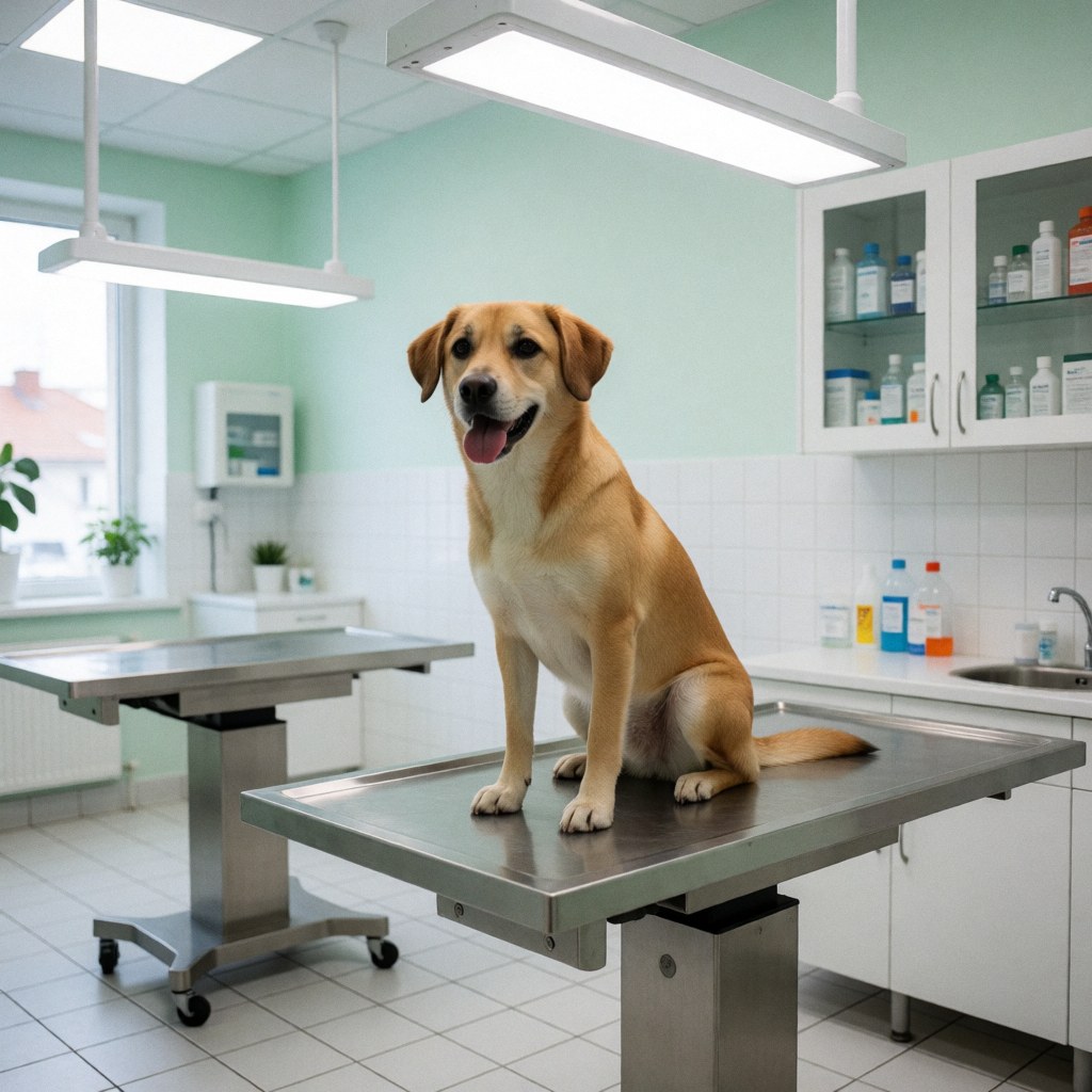 A healthy, well-groomed dog sits on a stainless steel exam table in a clean, modern veterinary clinic with green walls and white tile flooring.