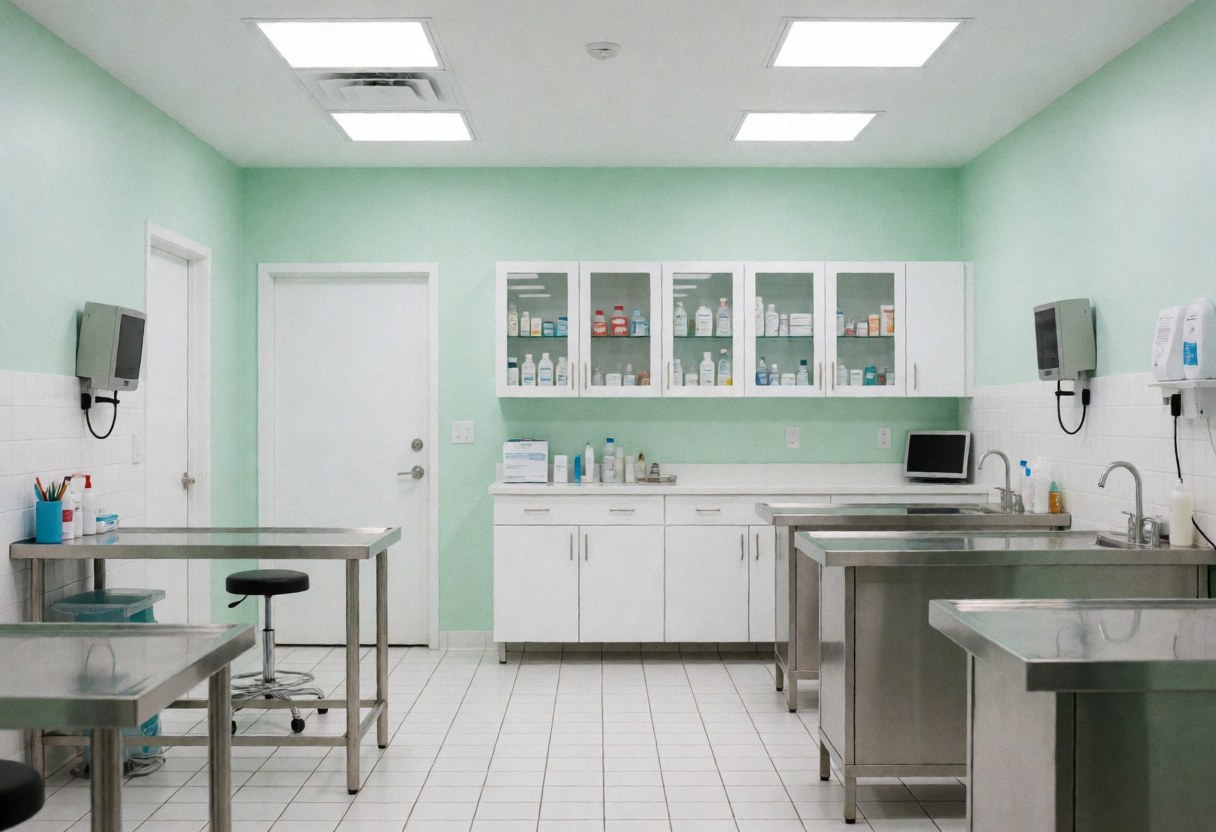 Interior of a modern veterinary clinic featuring stainless steel exam tables, medicine cabinets, green walls, and a white floor, all clean and organized.
