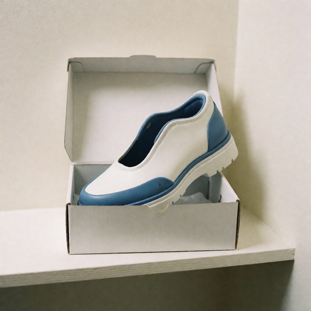 White and blue postoperative shoe in a box, designed for protection and comfort, ideal for podiatry and medical care.