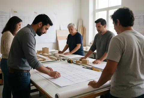 Architects and designers review blueprints and models at a worktable in a bright studio with construction tools and materials.
