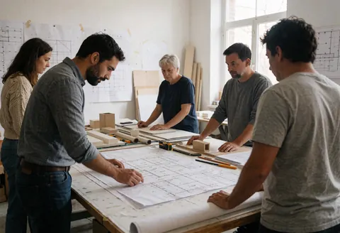 Architects and designers review blueprints and models at a worktable in a bright studio with construction tools and materials.