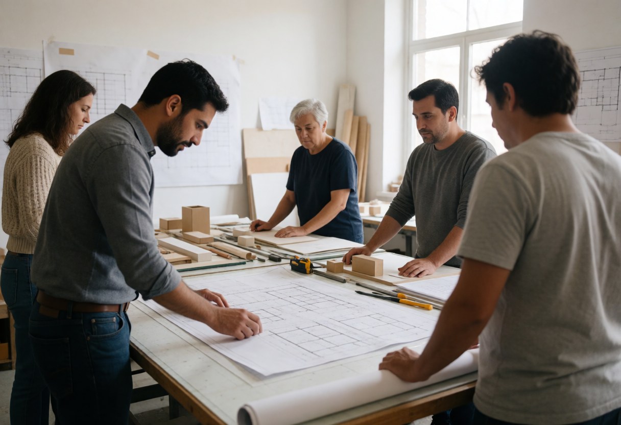 Architects and designers review blueprints and models at a worktable in a bright studio with construction tools and materials.