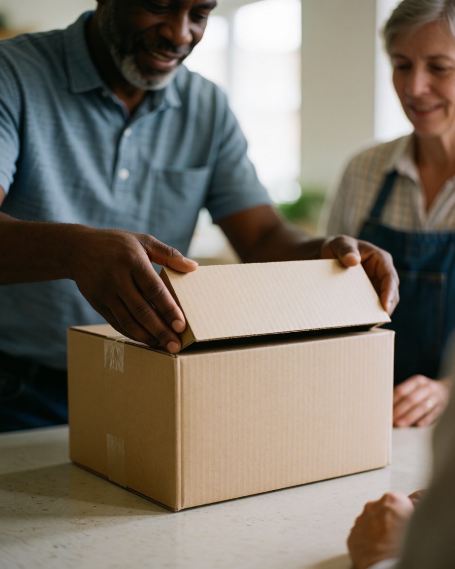 A smiling person opens a cardboard delivery box on a table near a window with natural light, showing a satisfied customer receiving a package at home.
