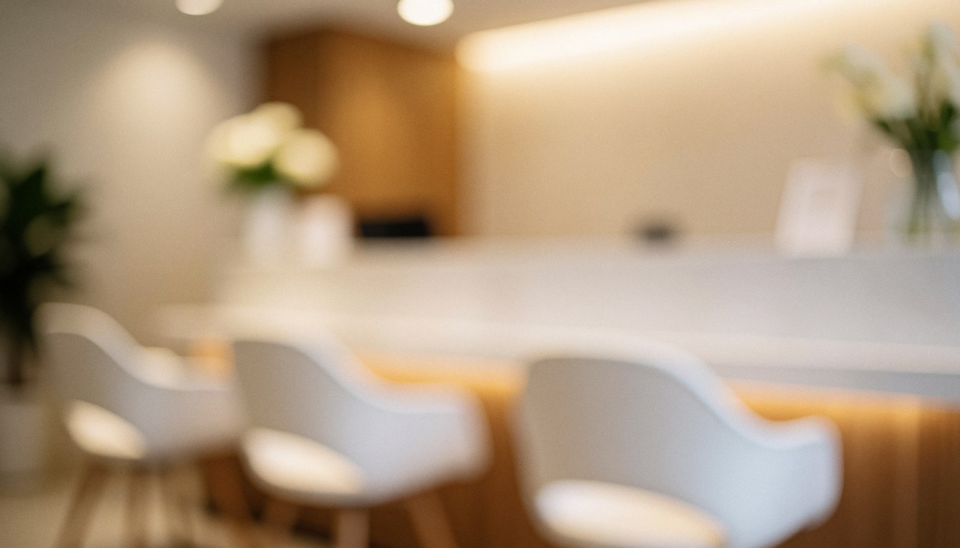 Soft focus background of a modern podiatry clinic reception with a wooden desk, chairs, plants, and warm lighting suitable for text overlay