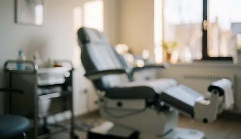 Soft focus background of a podiatry room with a chair, cart, and window showing natural light in neutral tones