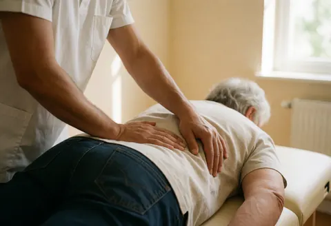 Professional osteopath using hands to treat chronic back pain in an older adult during a clinical session