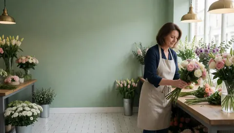 A florist in a beige apron arranges a bouquet of roses and tulips in a shop with green walls and white tile floor.