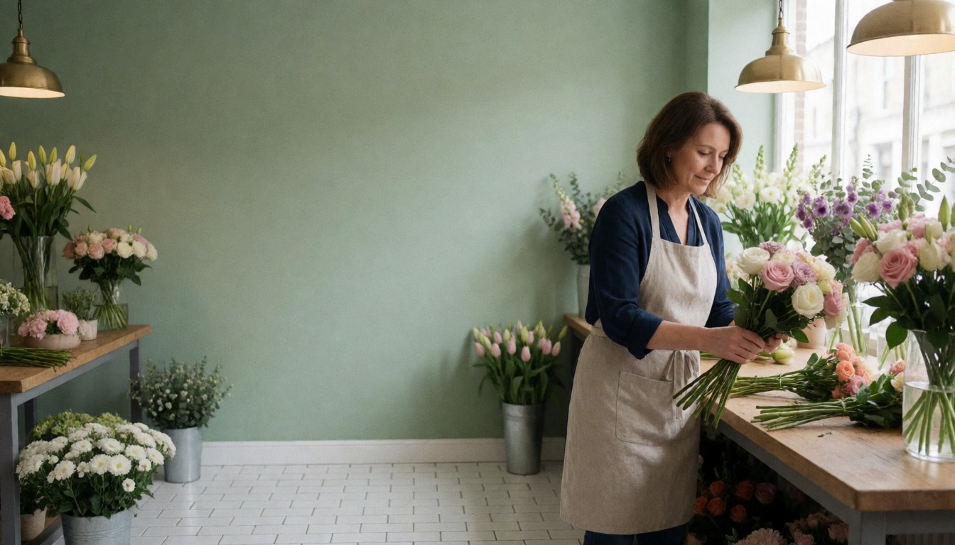 A florist in a beige apron arranges a bouquet of roses and tulips in a shop with green walls and white tile floor.