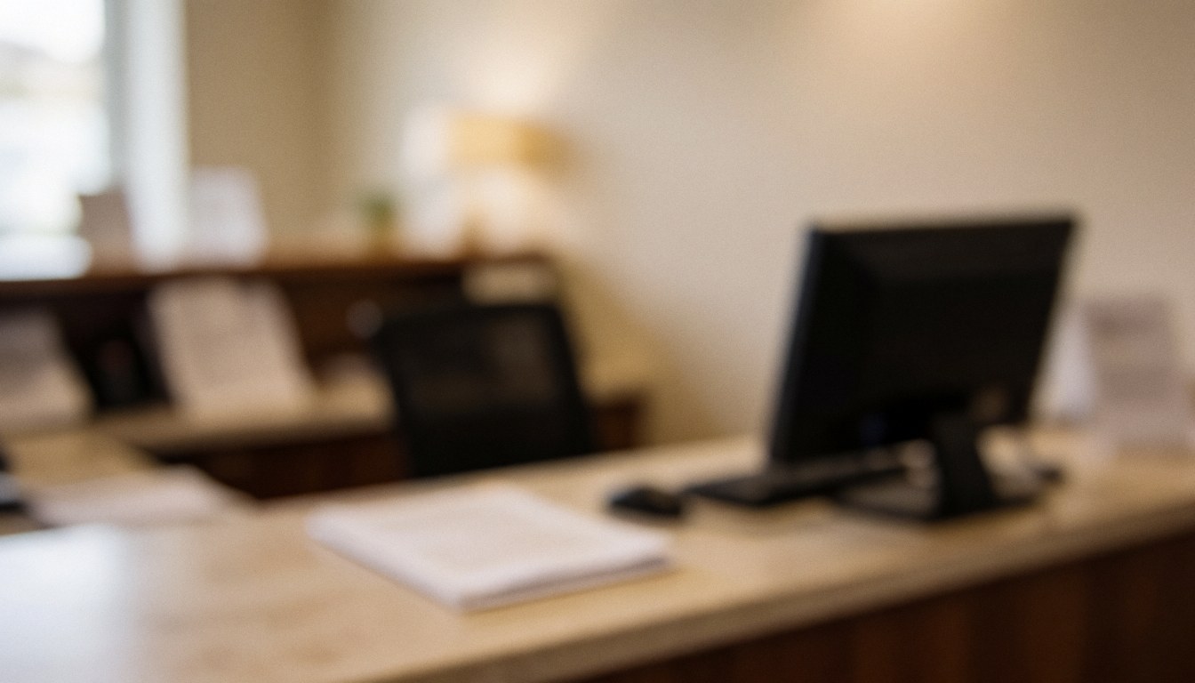 A soft focus background of a modern office reception desk featuring wooden textures, papers, and a computer, illuminated by warm ambient light in neutral brown and beige tones.
