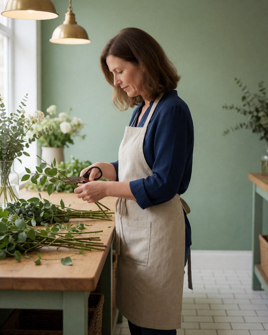 Close-up of a florist's hands using scissors to trim white flower stems on a wooden table in a bright shop with green walls and white tiles