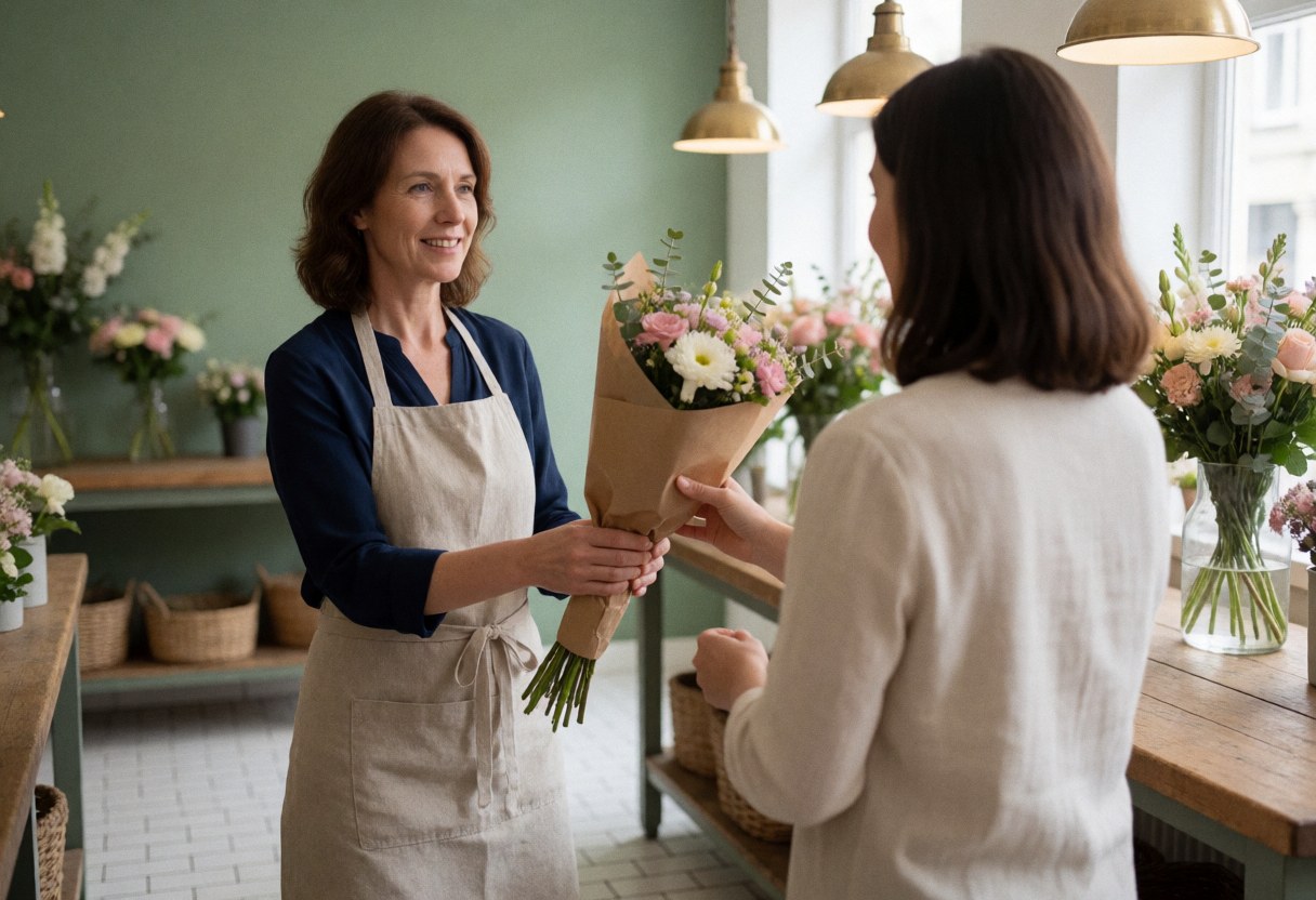 A smiling florist hands a flower bouquet to a client in a shop with green walls, wooden tables, and natural light.