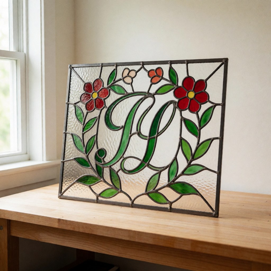 Close-up of a decorative glass panel featuring engraved initials and floral designs, showcasing intricate craftsmanship and natural light filtering through the transparent surface for interior decor.