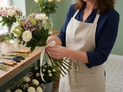 A florist tying a bouquet of white roses and peonies with green leaves on a wooden table using scissors and a knife