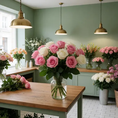 A fresh bouquet of white roses arranged in a vase on a wooden table with white tiles and green walls in the background