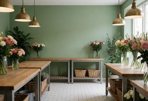 Bright florist interior featuring sage green walls, wooden tables, vase flowers, and bronze pendant lights with natural illumination.