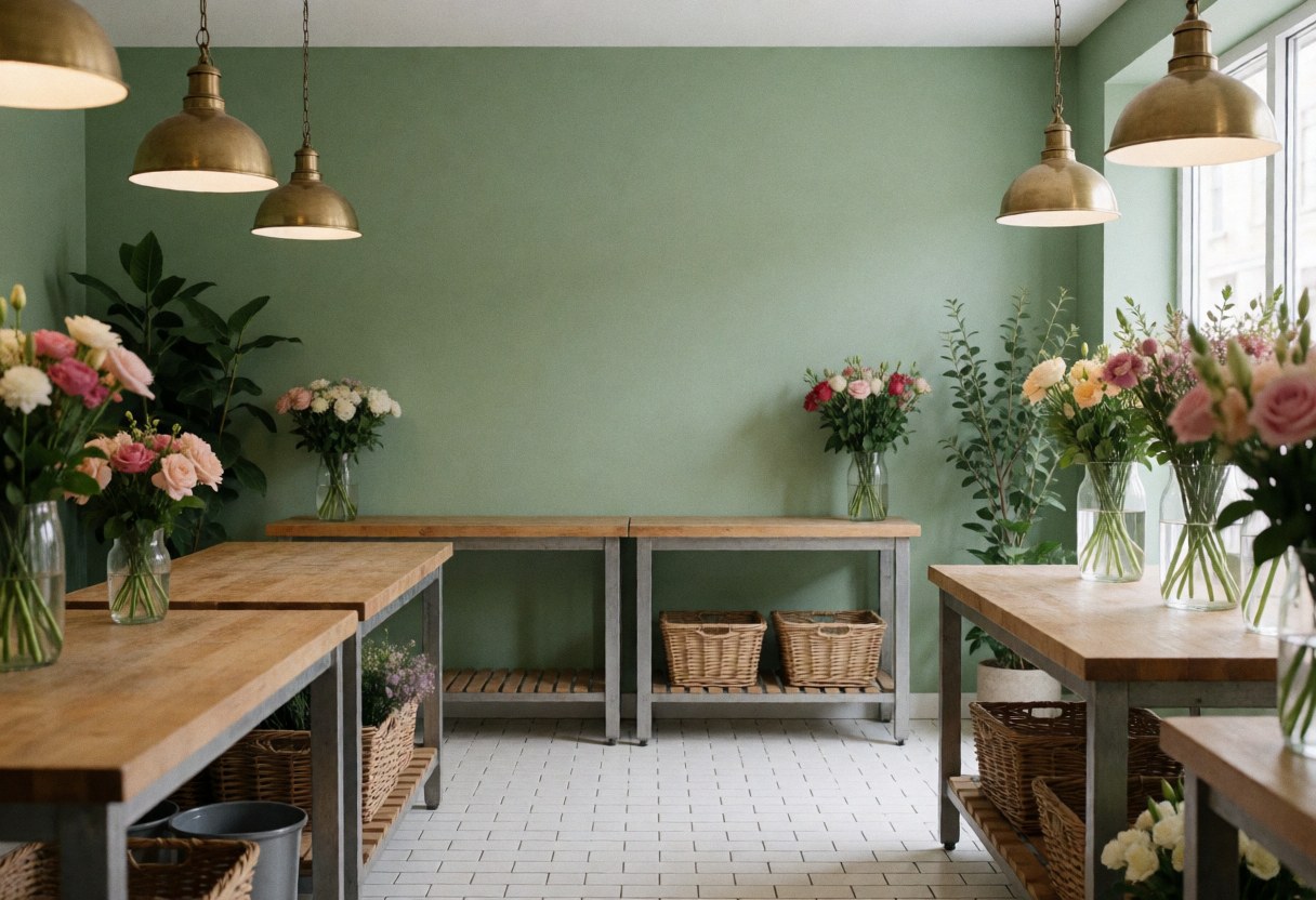 Bright florist interior featuring sage green walls, wooden tables, vase flowers, and bronze pendant lights with natural illumination.