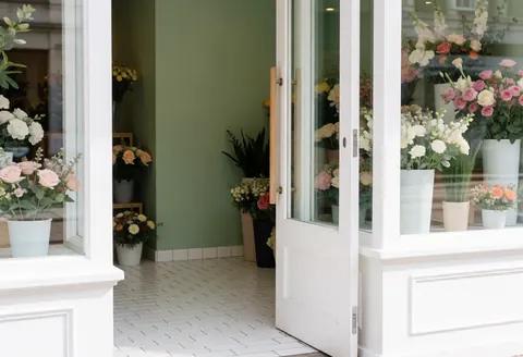 A welcoming storefront entrance featuring a green wall, white tiled floor, potted plants, and floral arrangements creating a cozy atmosphere for a florist business.