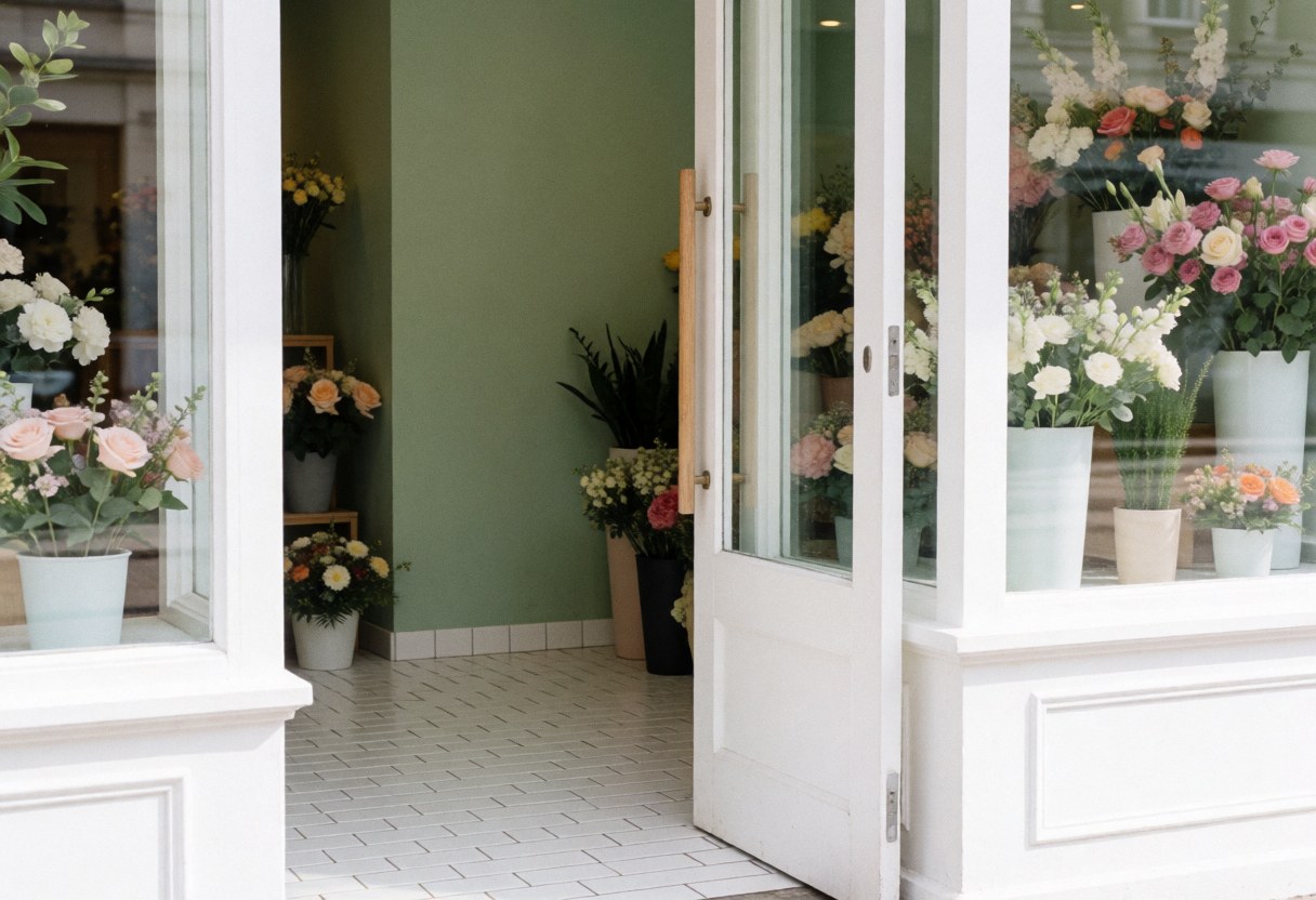 A welcoming storefront entrance featuring a green wall, white tiled floor, potted plants, and floral arrangements creating a cozy atmosphere for a florist business.