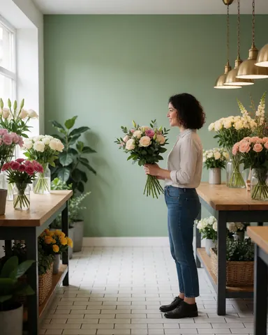 A smiling customer holding a beautiful bouquet of flowers as a gift, standing indoors near a green wall and wooden table with natural light.