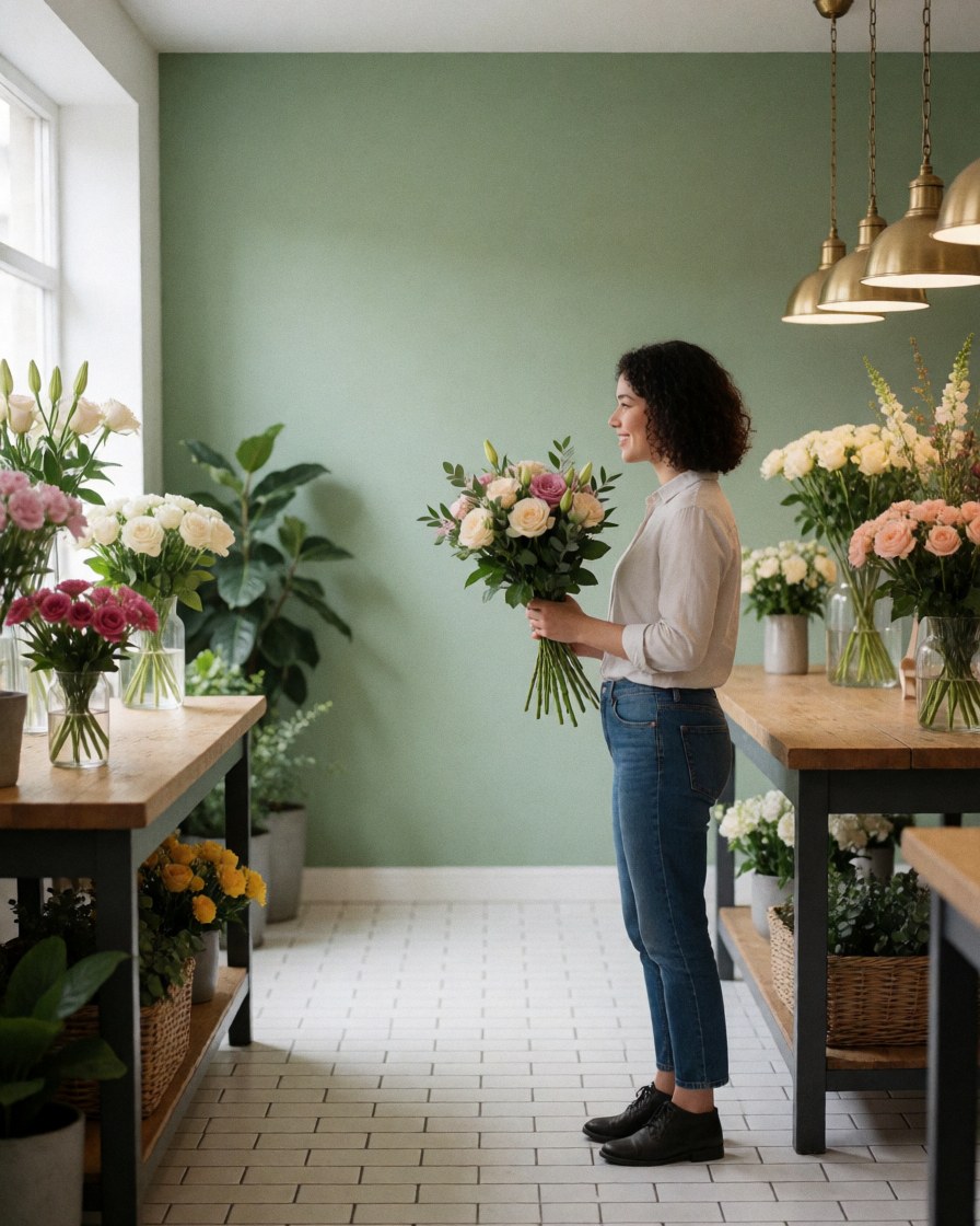 A smiling customer holding a beautiful bouquet of flowers as a gift, standing indoors near a green wall and wooden table with natural light.