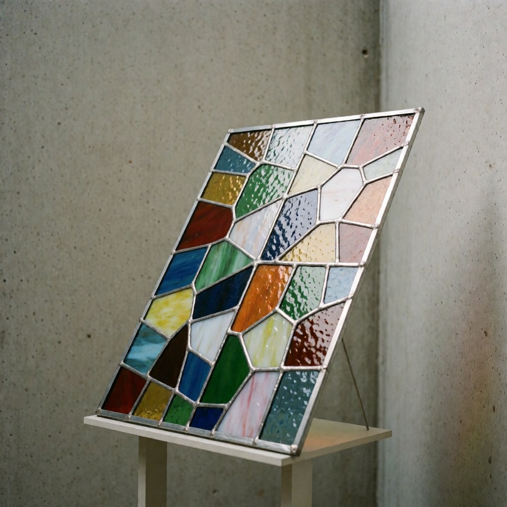 A close-up view of a finished decorative glass panel featuring colorful leaded glass sections mounted on a concrete wall for interior design.