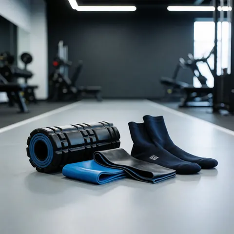 Sports rehabilitation kit featuring a foam roller, resistance bands, and compression socks arranged on a modern gym floor for osteopathy and physiotherapy use.