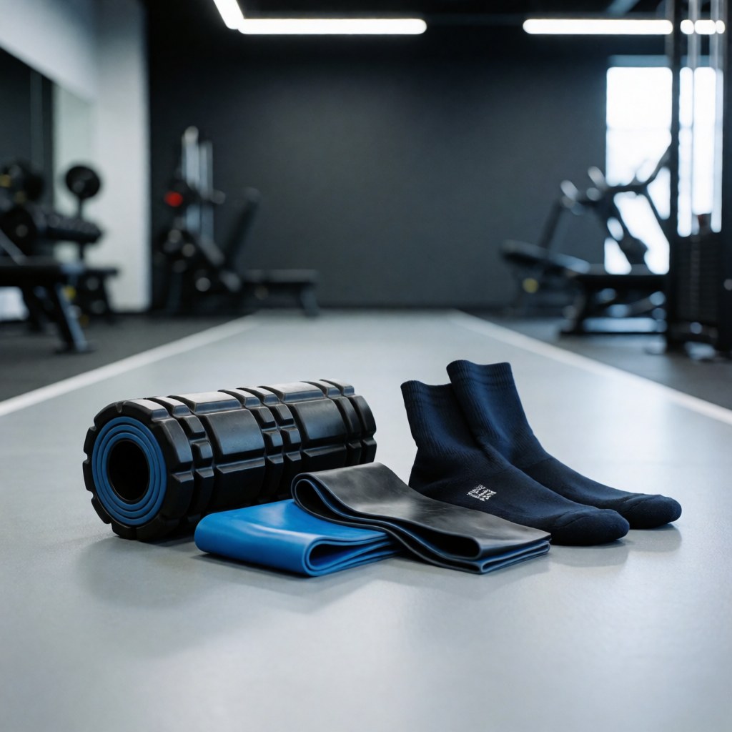 Sports rehabilitation kit featuring a foam roller, resistance bands, and compression socks arranged on a modern gym floor for osteopathy and physiotherapy use.