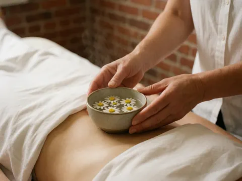 Therapist hands place a ceramic cup with chamomile flowers on a patient's abdomen covered by a white sheet in a room with a brick wall.