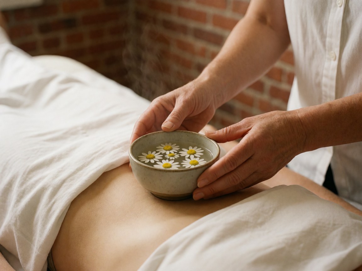 Therapist hands place a ceramic cup with chamomile flowers on a patient's abdomen covered by a white sheet in a room with a brick wall.