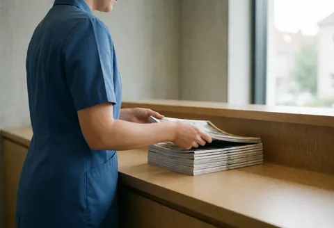 A receptionist standing at a wooden desk organizing a stack of magazines in a bright osteopathy clinic waiting area.
