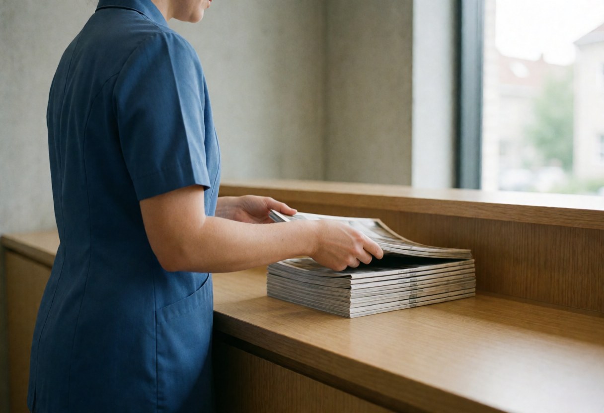 A receptionist standing at a wooden desk organizing a stack of magazines in a bright osteopathy clinic waiting area.