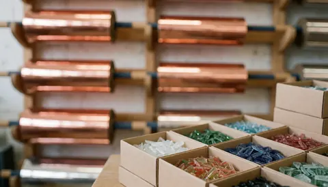 Blurred workshop background featuring rolls of copper foil and boxes of colorful glass fragments, ideal for text and decorative product design